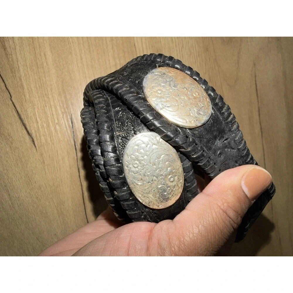 Vintage Heavy Tooled Leather Concho Belt Size 38 Western Biker Black Silver Tone